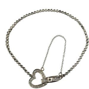 Vintage 14 Karat White Gold Diamond Tennis Bracelet with Heart Clasp #16401
